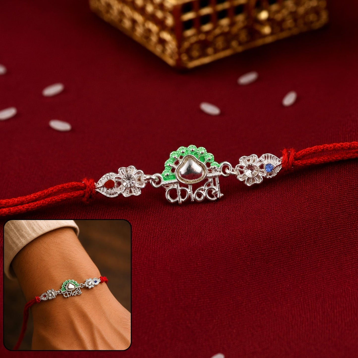 Silver Kanha Mor Charm Rakhi with dori for brothers