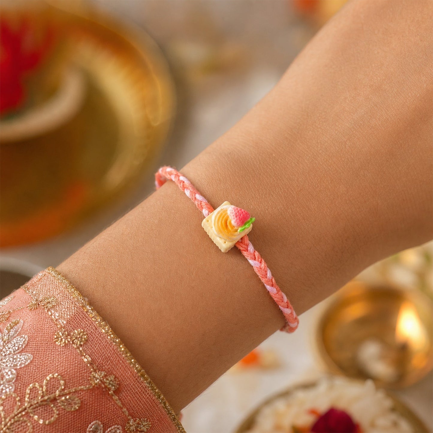 Braided thread Rakhi with strawberry biscuit charm detail