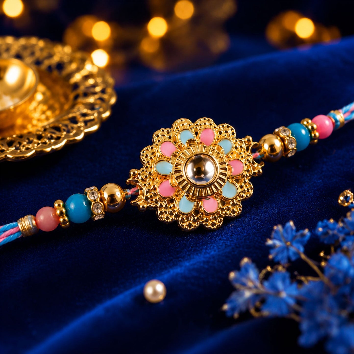 Close-up of floral kundan charm and beads on rakhi