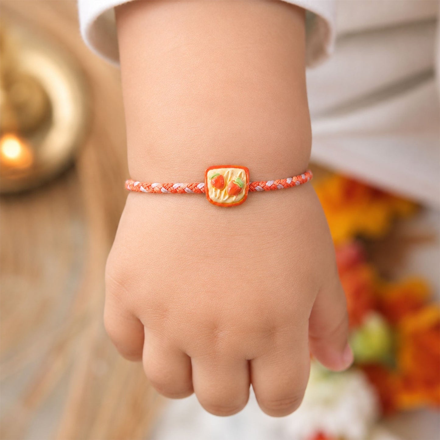 Close-up of the charming Strawberry Toast Rakhi's braided thread and charm.