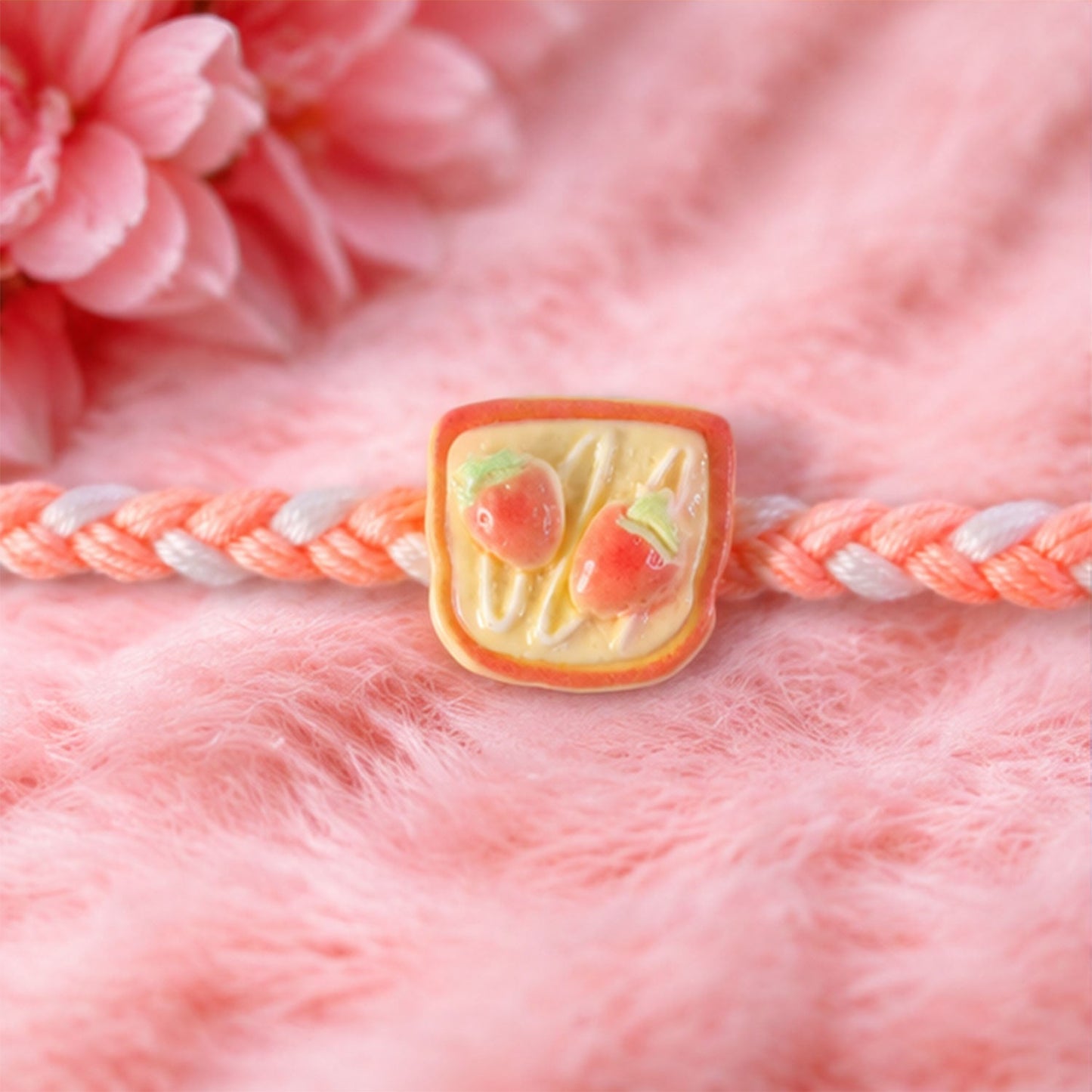 Elegant braided thread Strawberry Toast Rakhi for Raksha Bandhan.