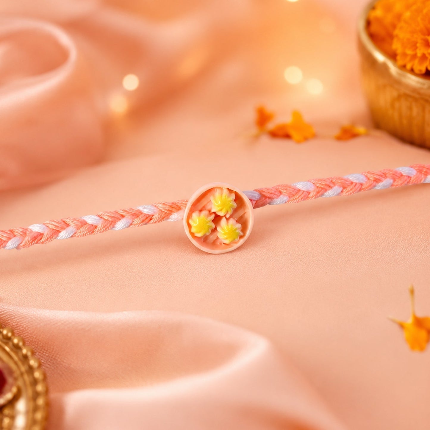 Top view of designer Rakhi with round charm