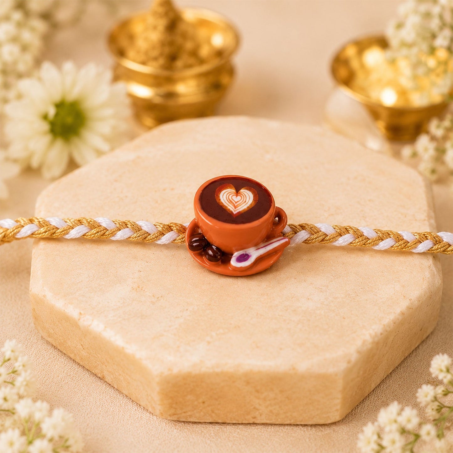 Intricate braided thread rakhi with coffee cup charm