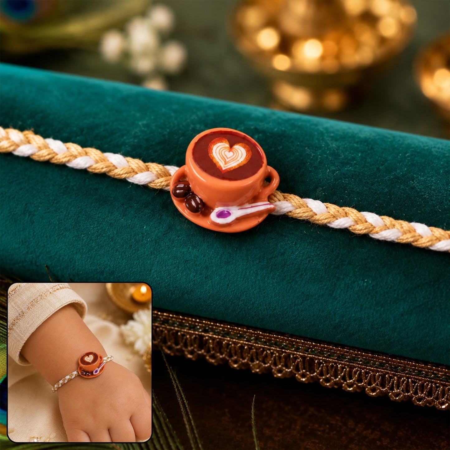 Closeup of coffee cup heart charm braided thread rakhi