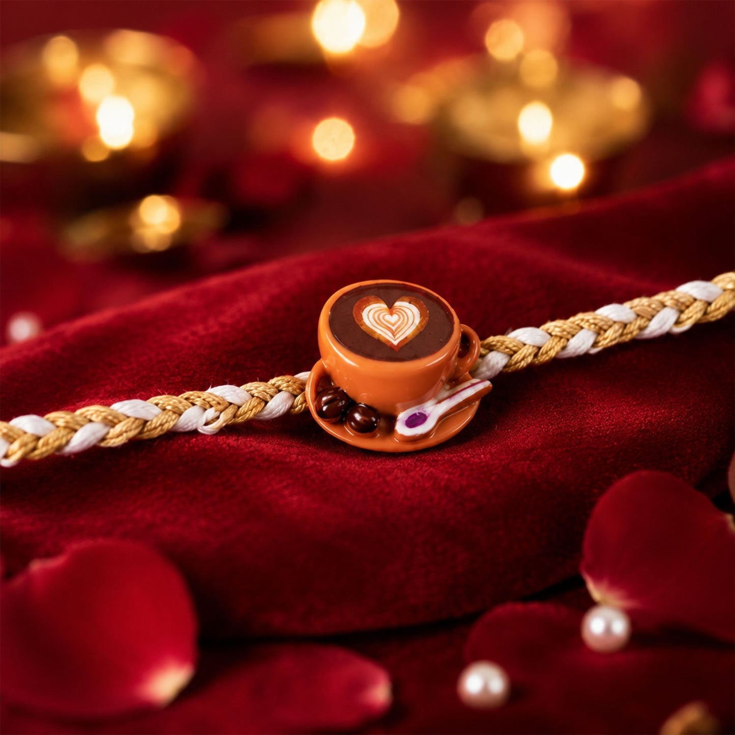 Braided thread detail on coffee cup heart charm rakhi