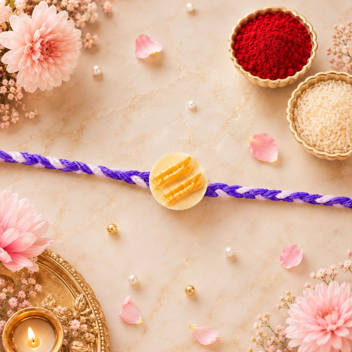 Side view of braided thread Rakhi, showcasing craftsmanship