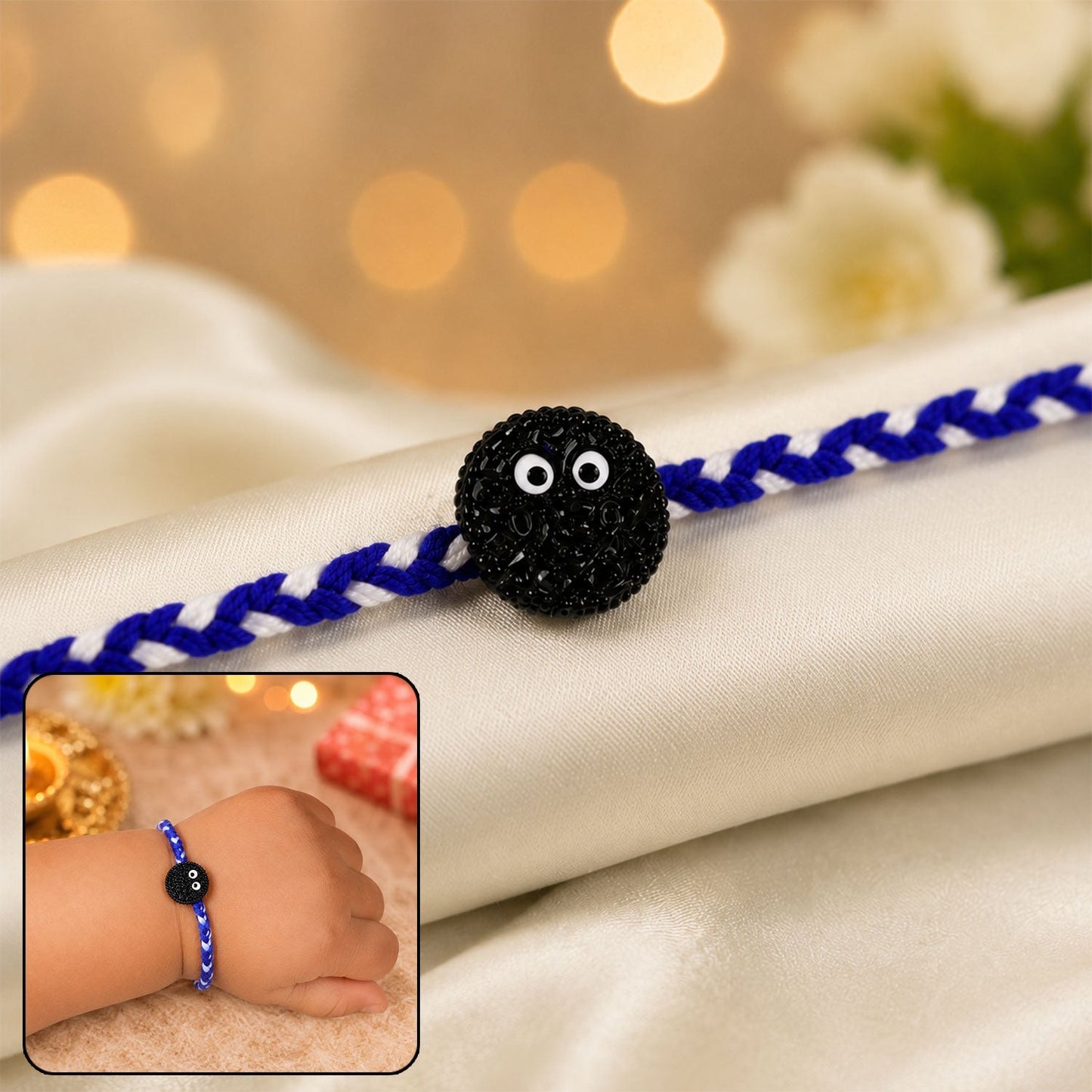 Stylish cookie eyes motif on braided thread Rakhi for brothers