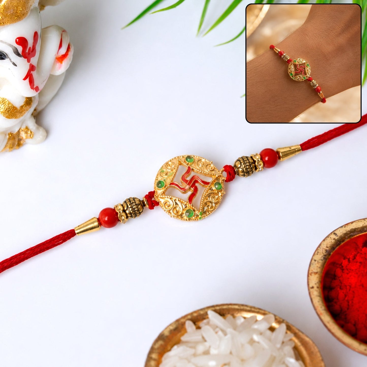 Close-up of Golden Swastik round charm beaded Rakhi showing intricate design