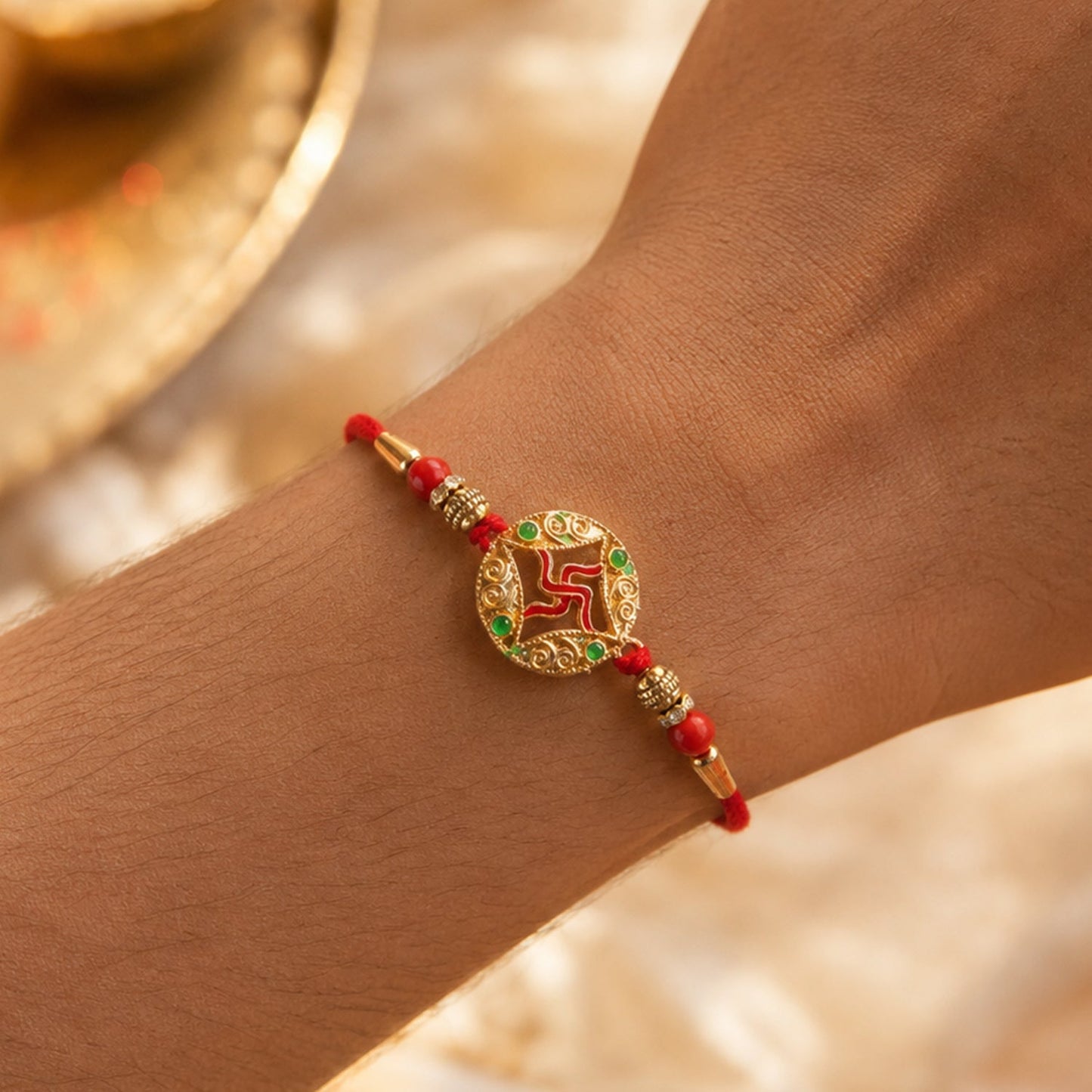 Top view of golden Swastik charm Rakhi with beads on festive background