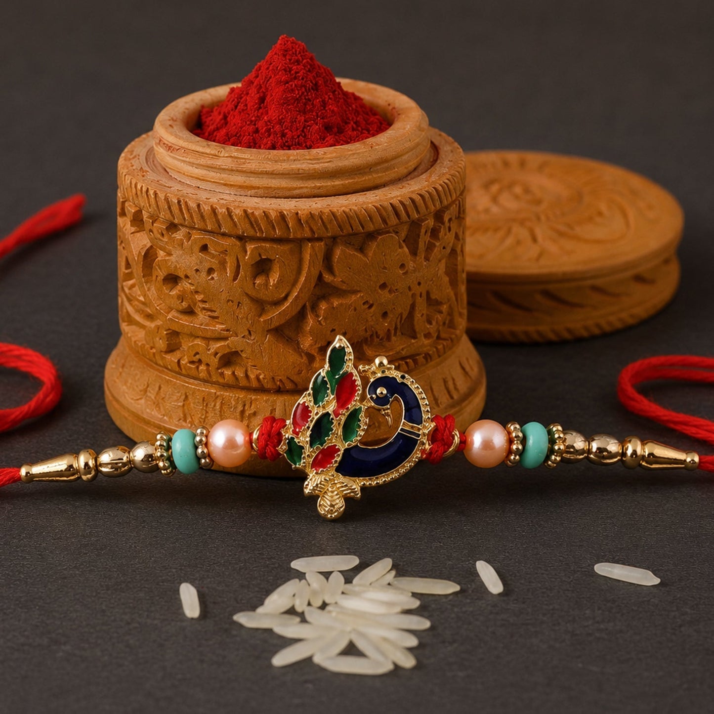 Traditional yet modern peacock charm Rakhi with beads detail