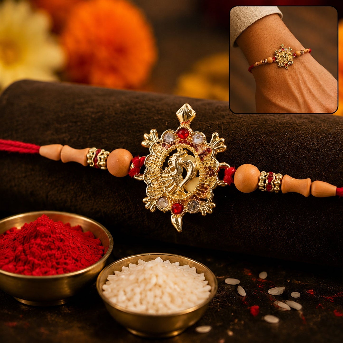 Designer Turtle Peacock Rakhi with vibrant beads for brother