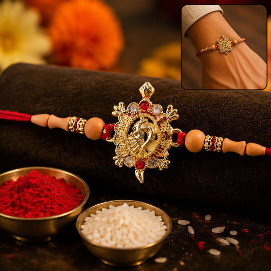 Designer Turtle Peacock Rakhi with vibrant beads for brother
