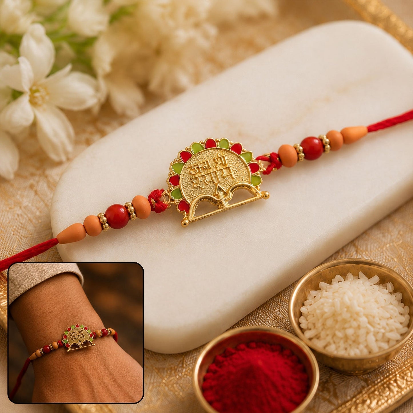 Jai Shree Shyam coin charm rakhi with beads, perfect for Raksha Bandhan