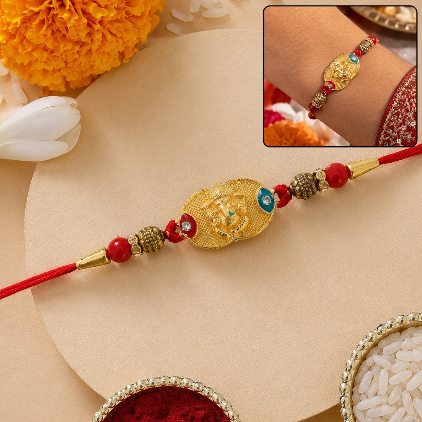 Golden Ganesh oval charm Rakhi with antique beads and intricate detailing
