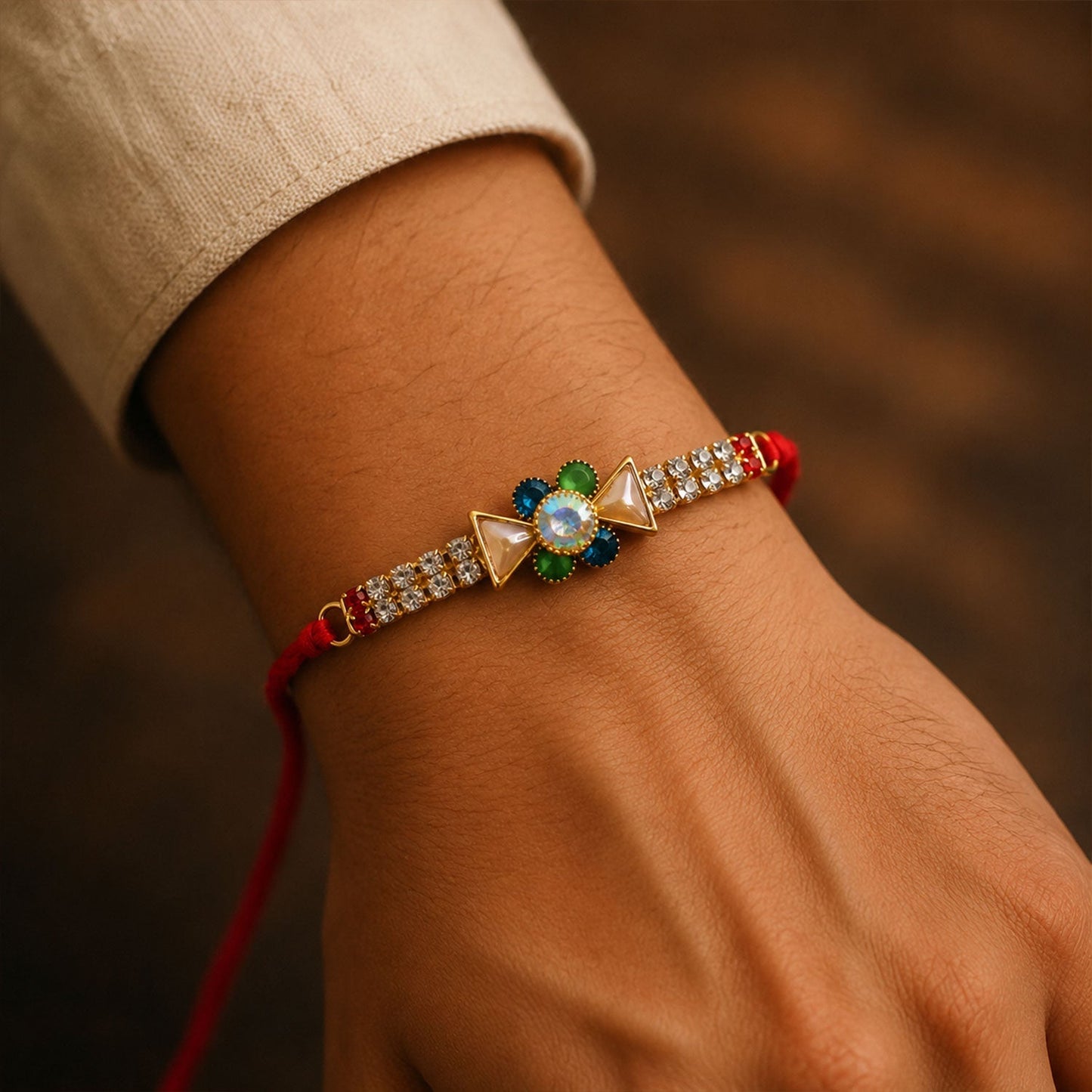Elegant crystal stone rakhi design suitable for brothers of all ages