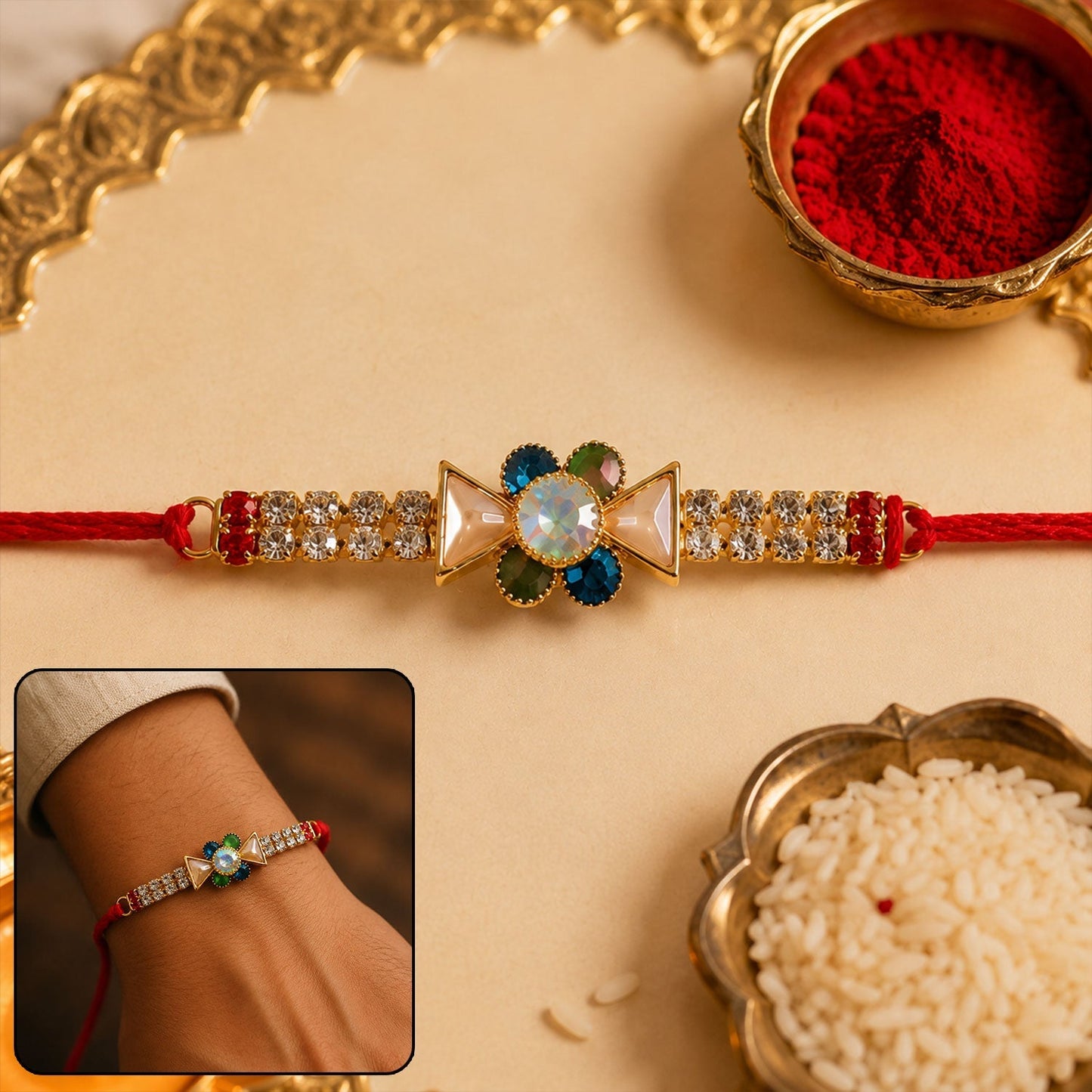 Close-up view of crystal stone flower rakhi with modern design