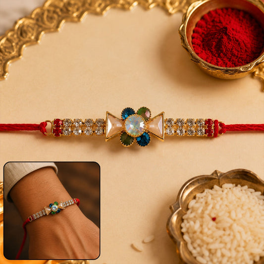 Close-up view of crystal stone flower rakhi with modern design