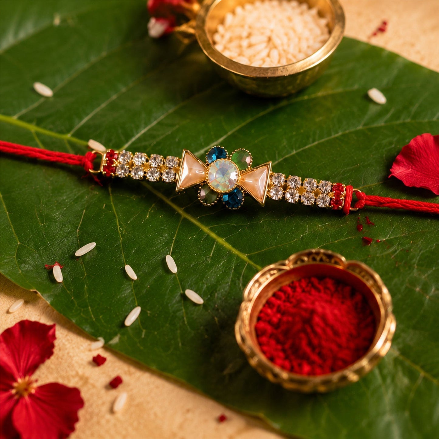 Close-up of crystal stone flower rakhi highlighting craftsmanship