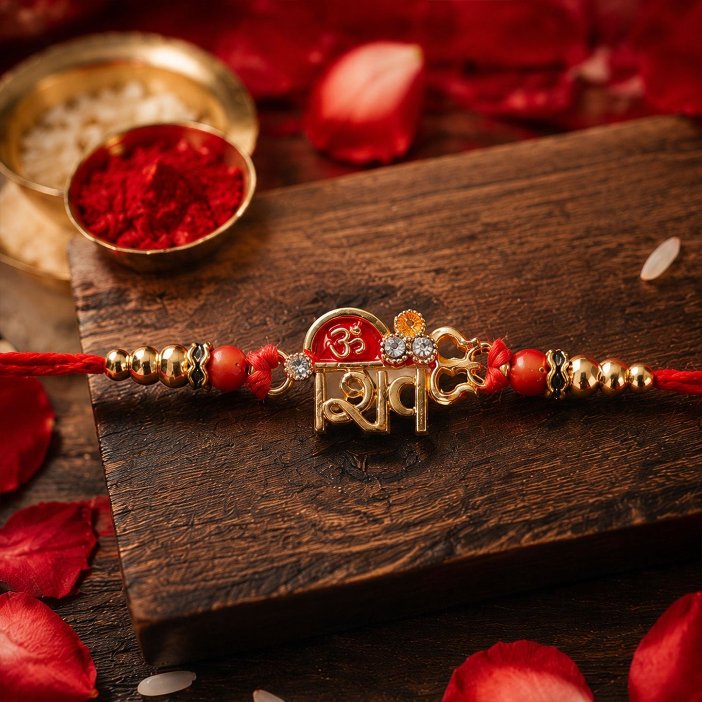 Detailed thread and beads of Om Shiv Trishul Rakhi