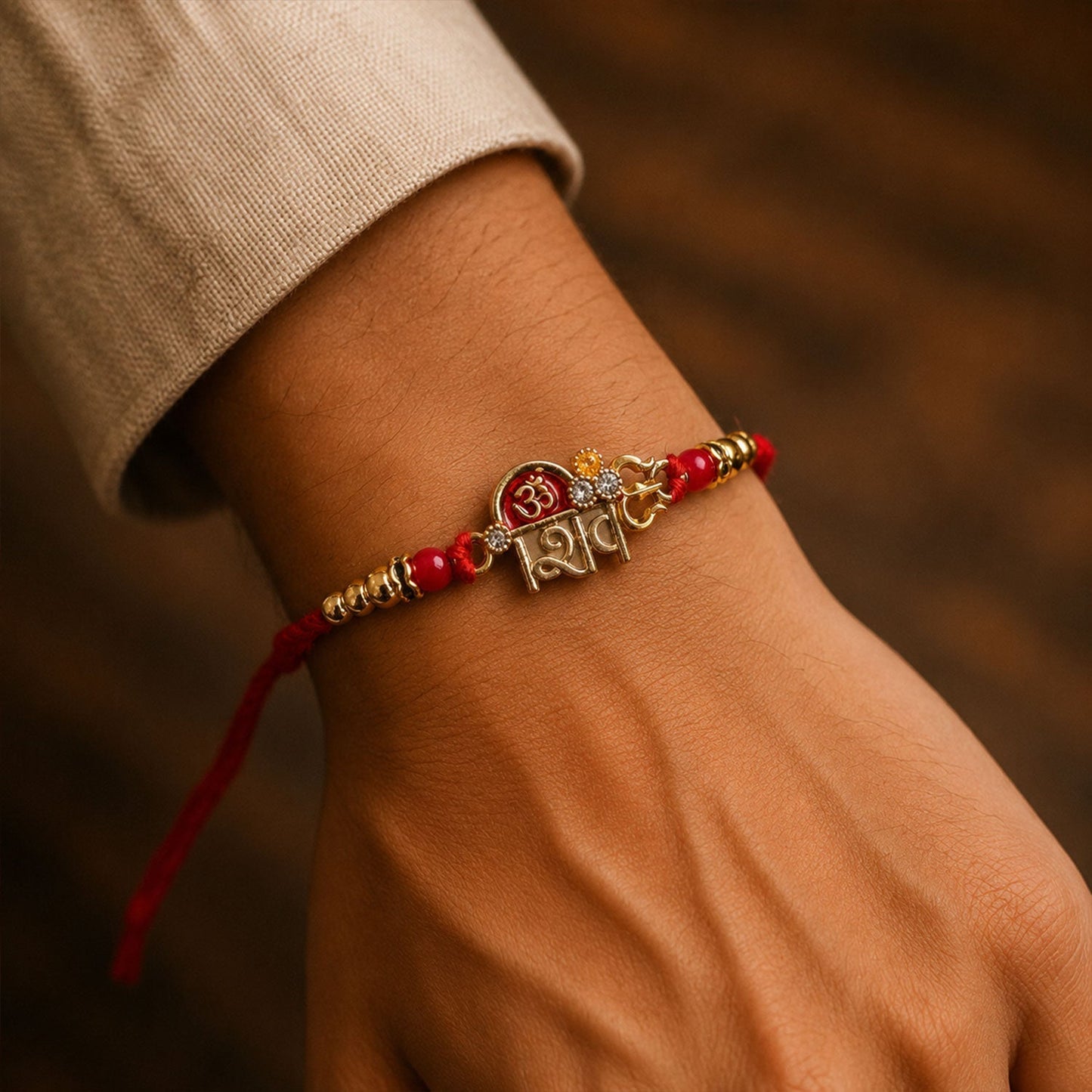 Top view of stylish Om Shiv Trishul Rakhi
