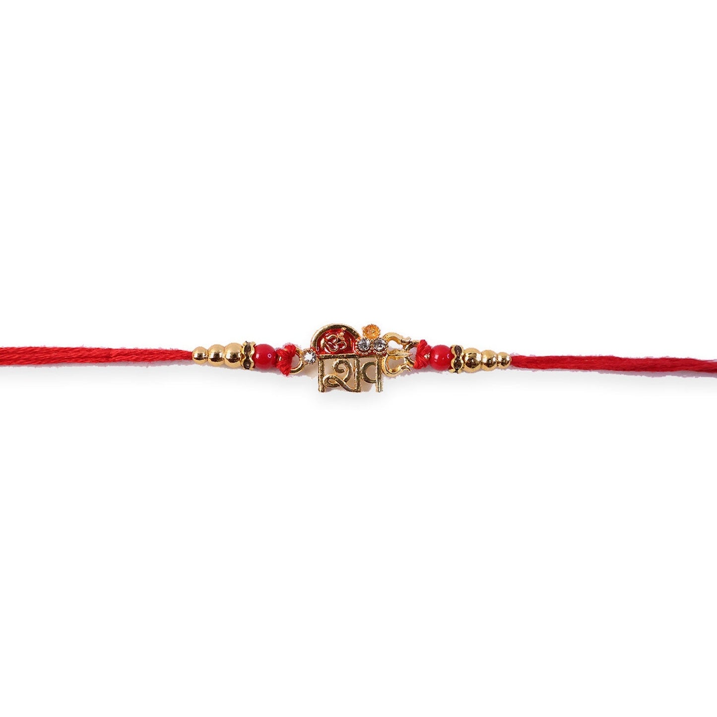 Side angle of Om Shiv Trishul beaded Rakhi with charm
