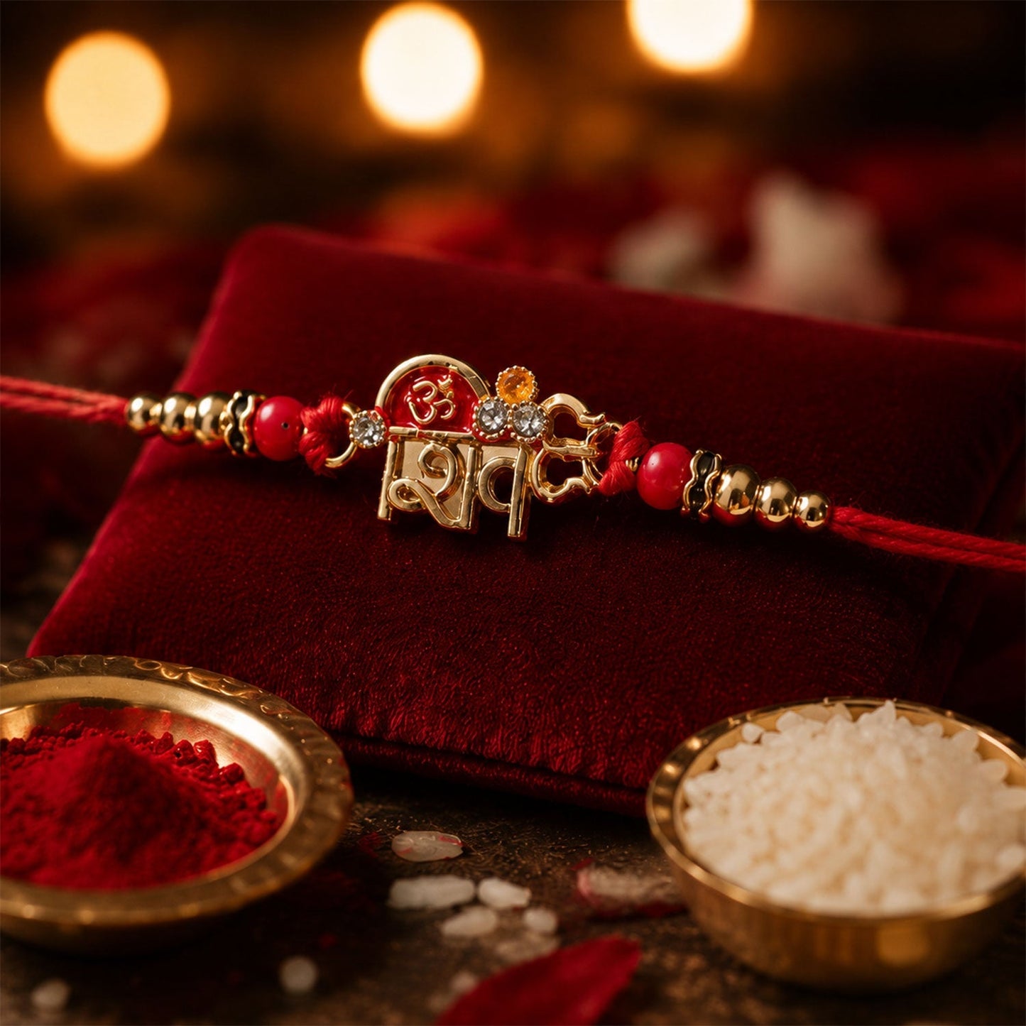 Close-up of beads and Trishul charm on Om Shiv Trishul Rakhi