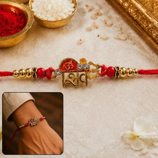 Decorative Om Shiv Trishul charm beaded Rakhi on white background