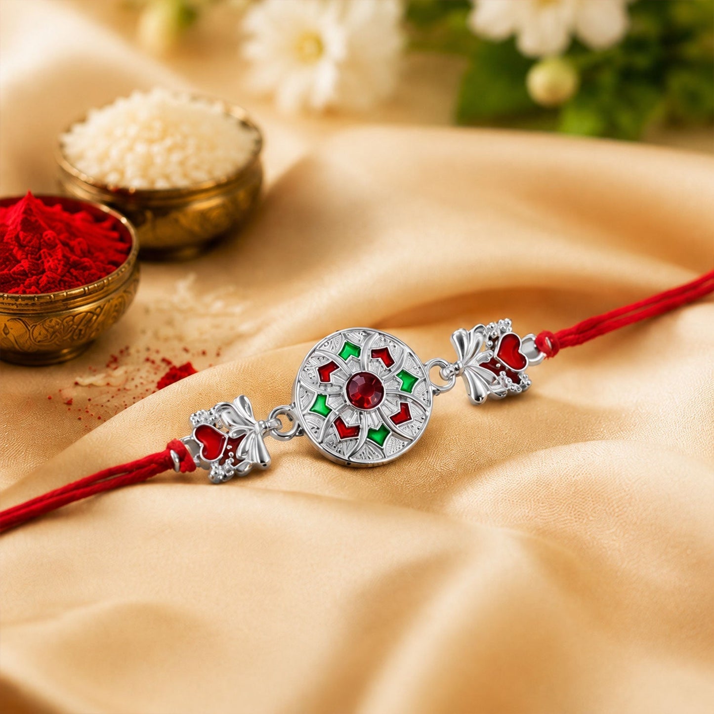 Silver Chakra Meena Heart Rakhi with red dori thread laid flat