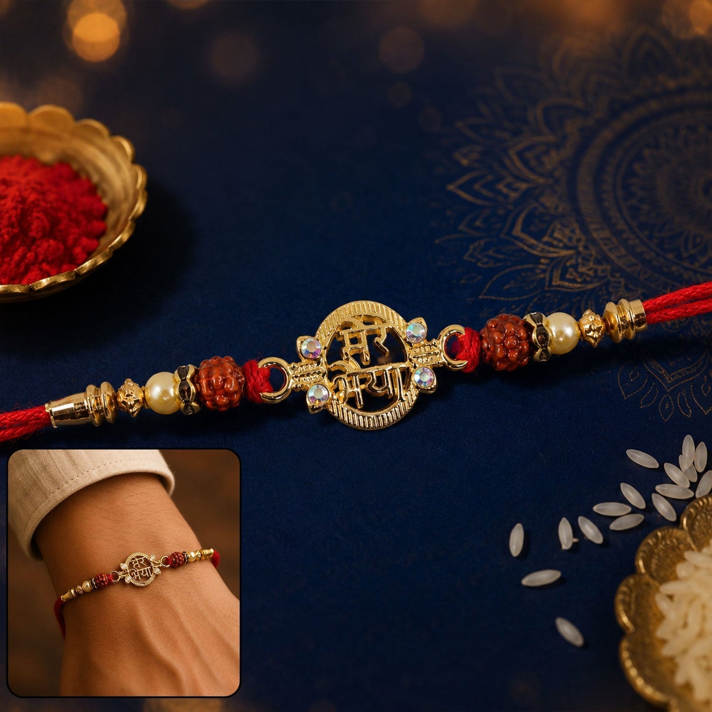 Elegant Pearl Rudraksha Rakhi with beads for Brother ready for Raksha Bandhan