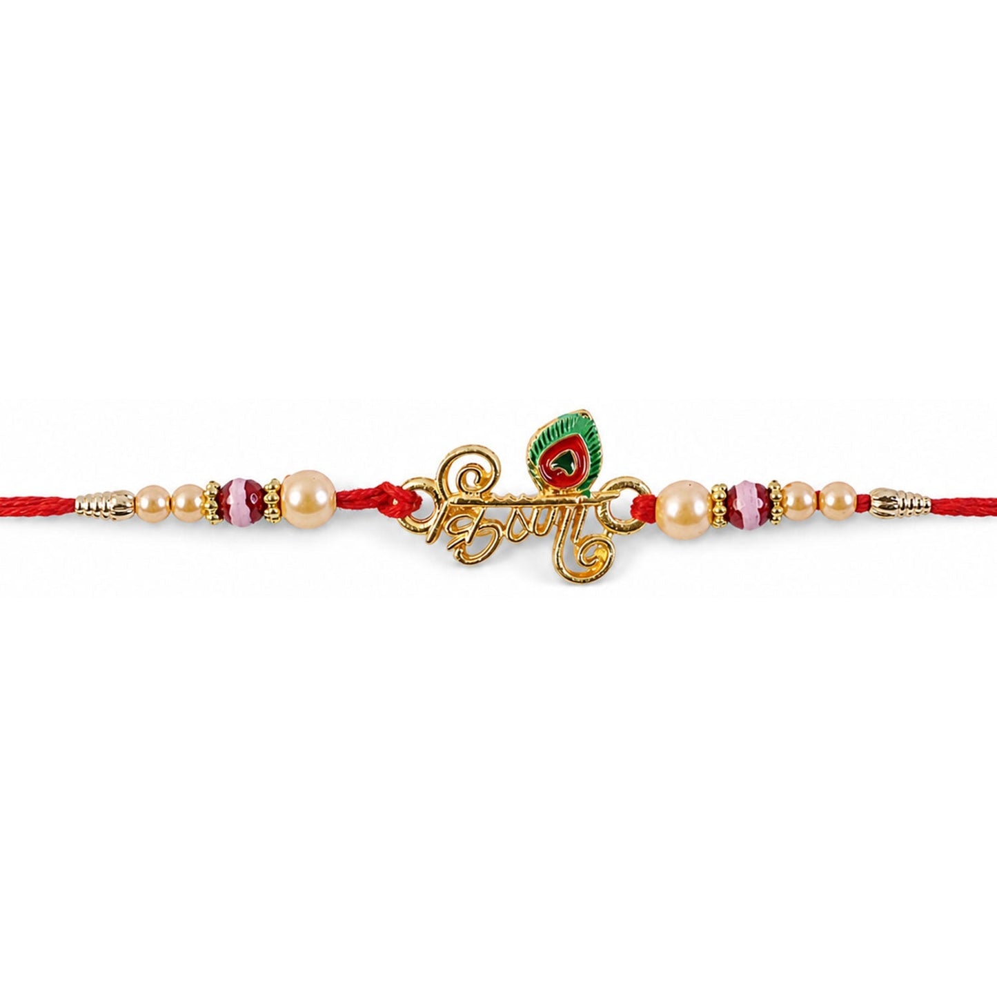 Krishna Mor Pankh Pearl Beads Rakhi with pearl cluster details