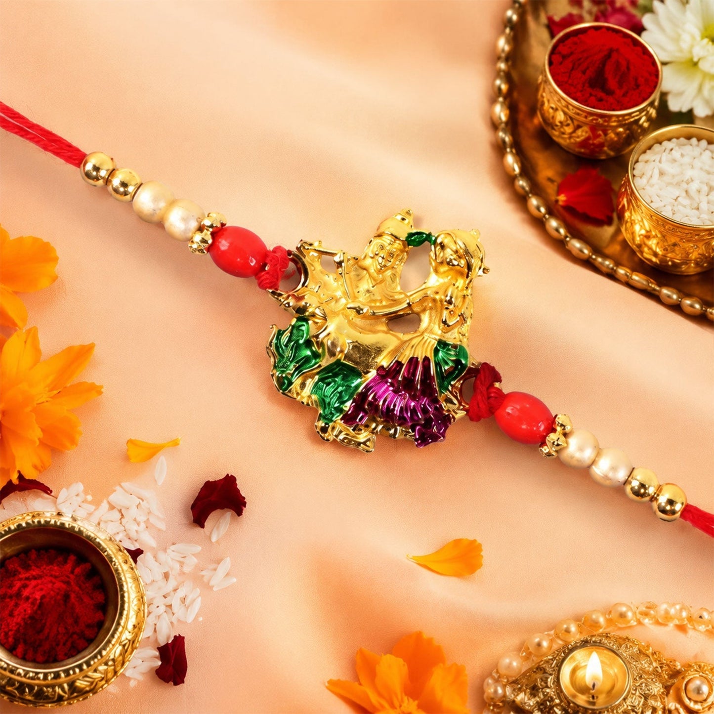 Detailed view of Radha Krishna Meena Charm Rakhi with beads