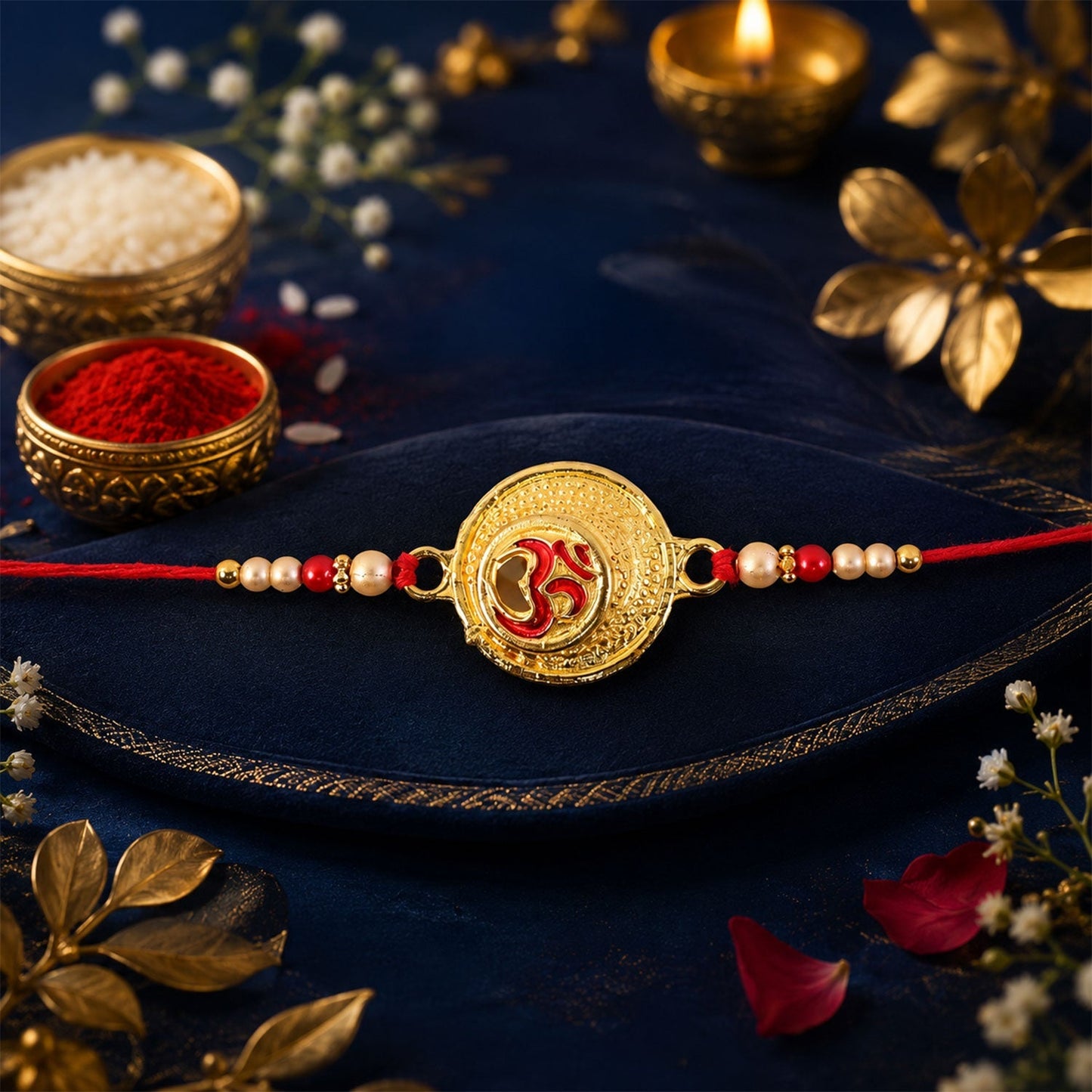 Flat lay of Om engraved coin charm Rakhi with pearl beads