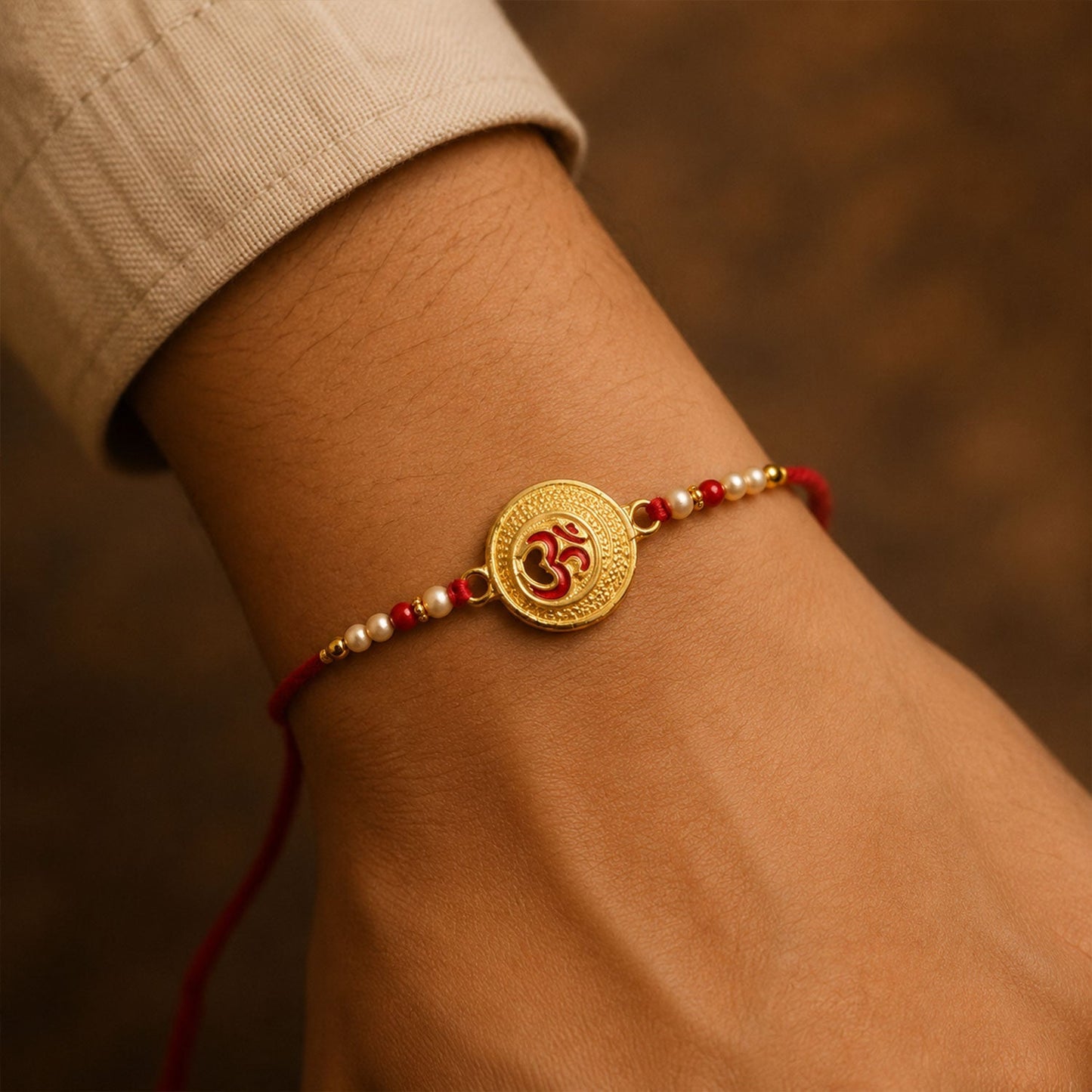 Designer Om coin and pearl beads Rakhi for brothers