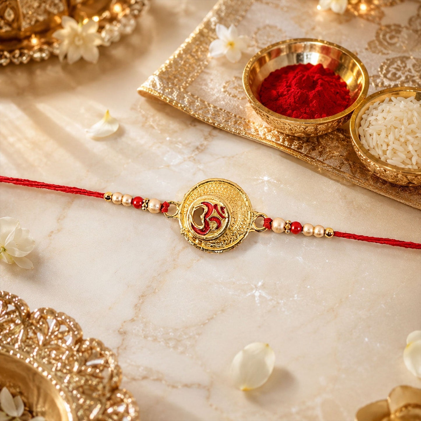 Traditional rakhi with Om charm and pearl bead detailing side view