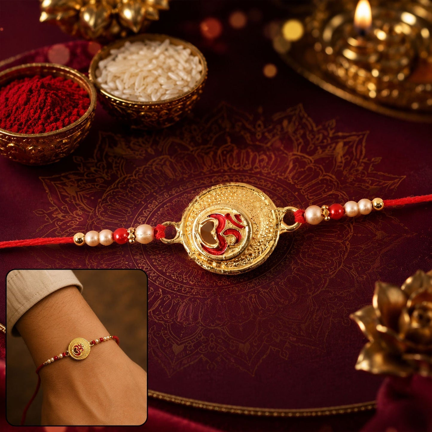 Close-up of Om engraved coin charm and pearl beaded rakhi