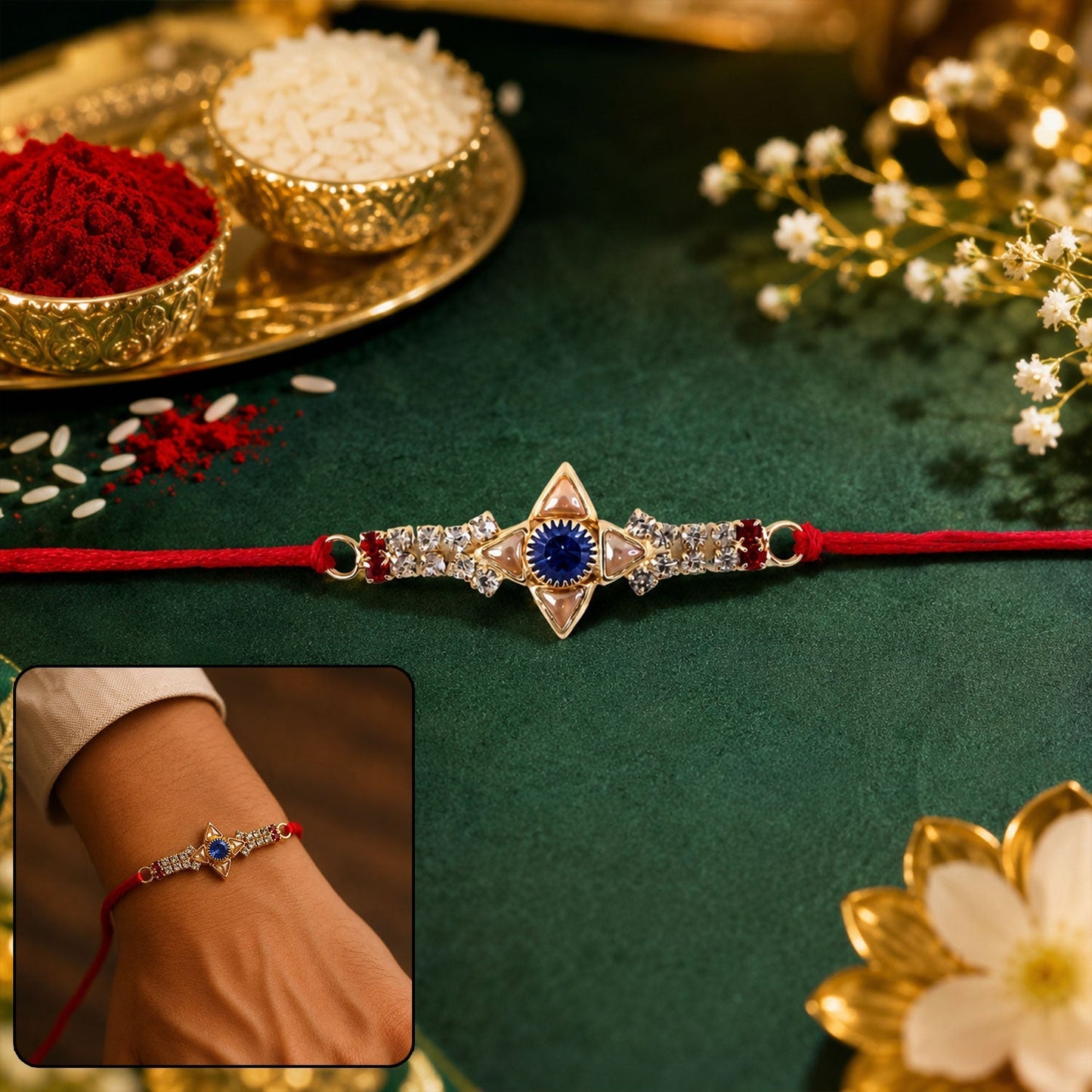Front view of Crystal Star Stone Rakhi showing elegant design