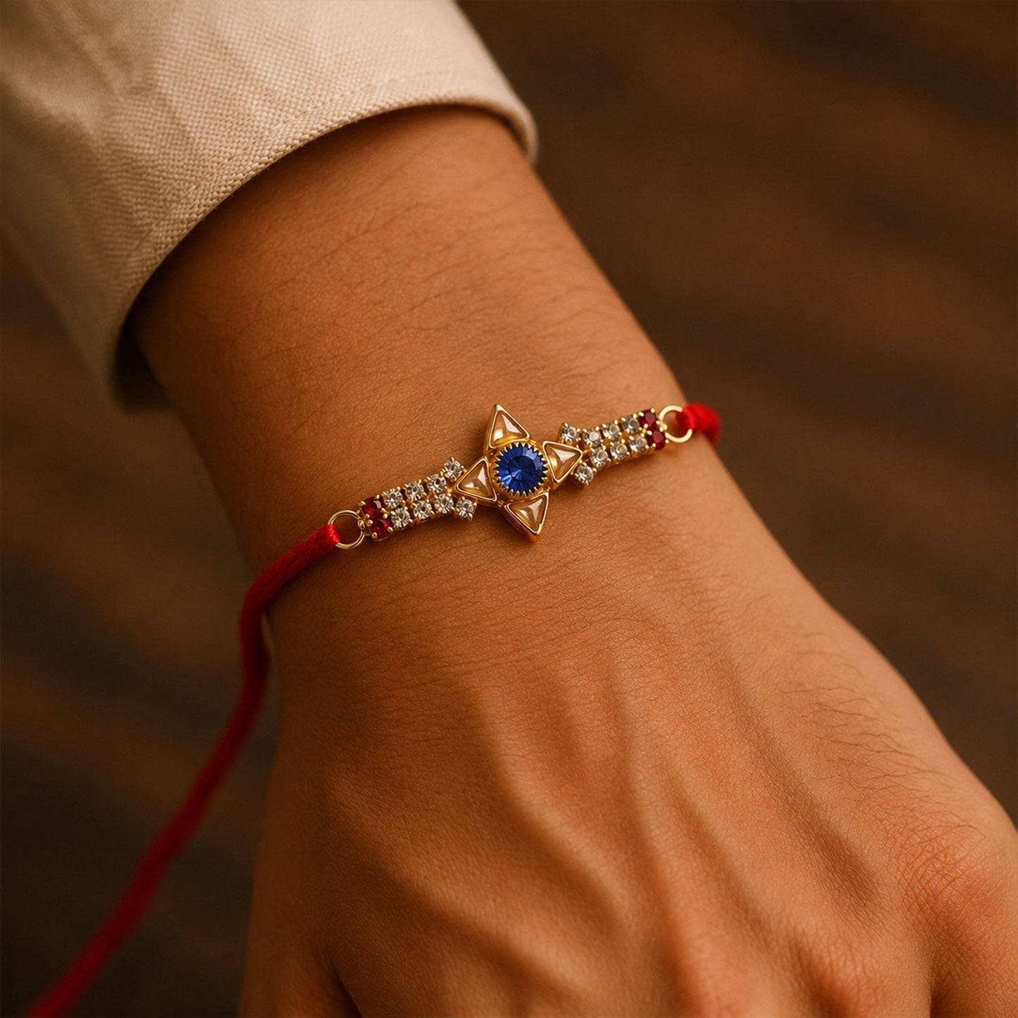 Threading details of Crystal Star Stone Rakhi on hand