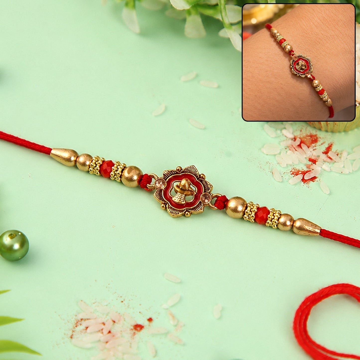 Close-up of Antique Shivling floral charm with beads on Rakhi
