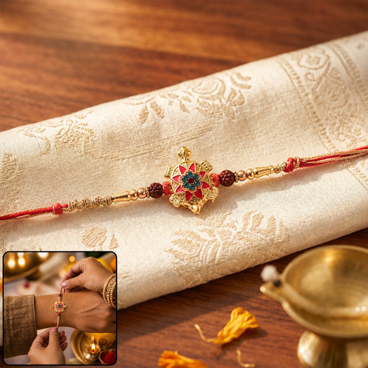 Close-up of Tortoise Flower Stone & Rudraksha Beads Rakhi