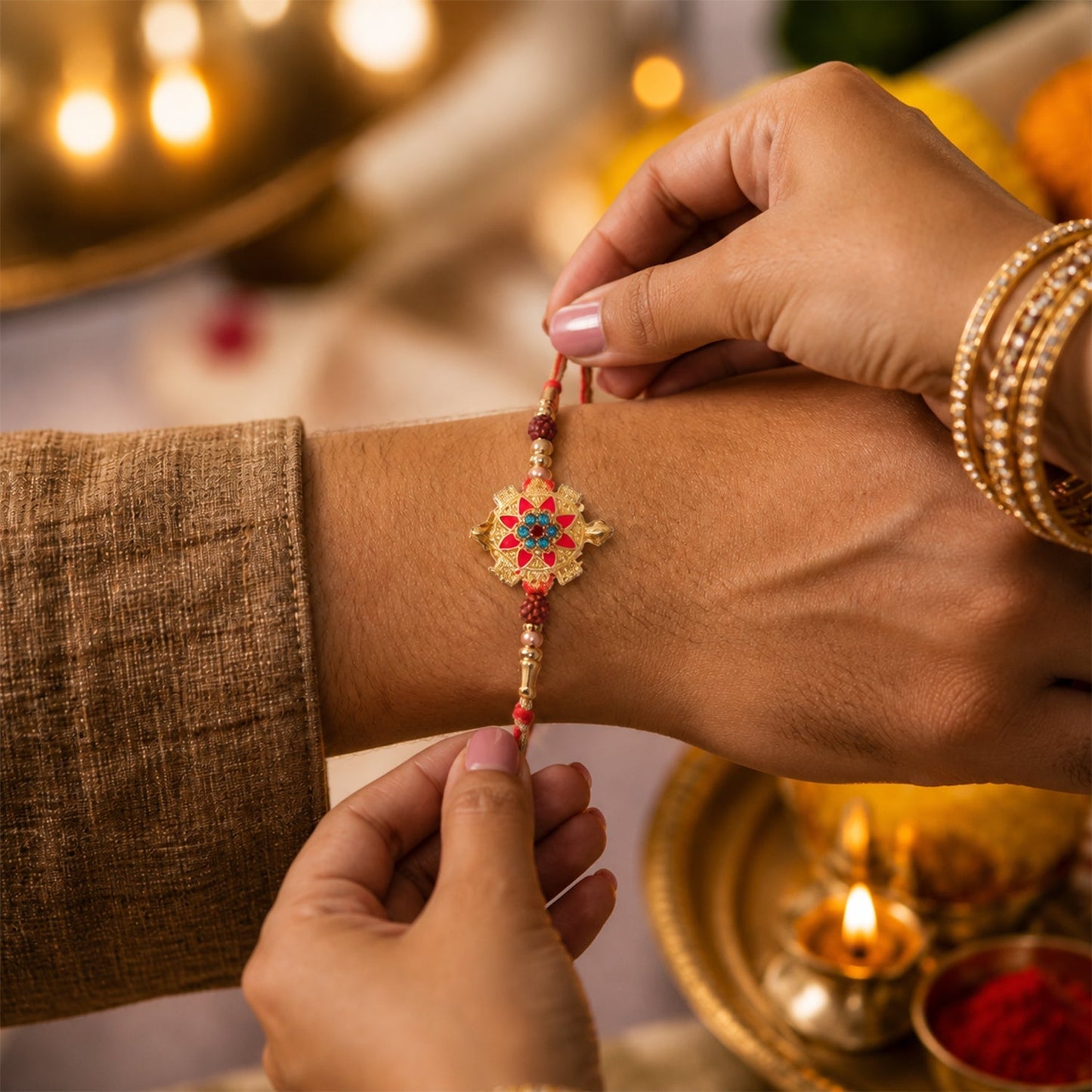 Top view of Tortoise Flower Stone Rudraksha Beads Rakhi