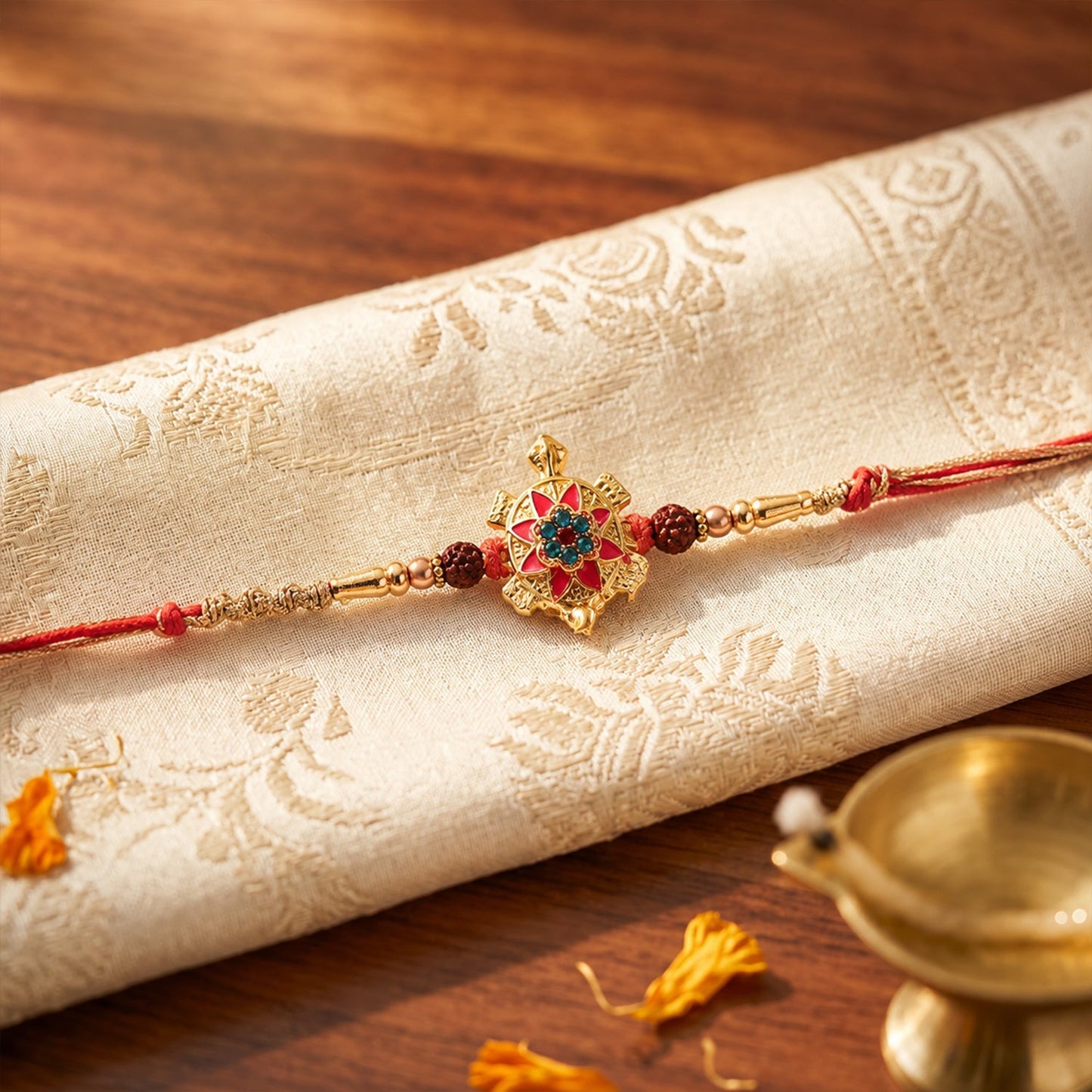Traditional yet modern styled Rakhi for brother with tortoise flower charm