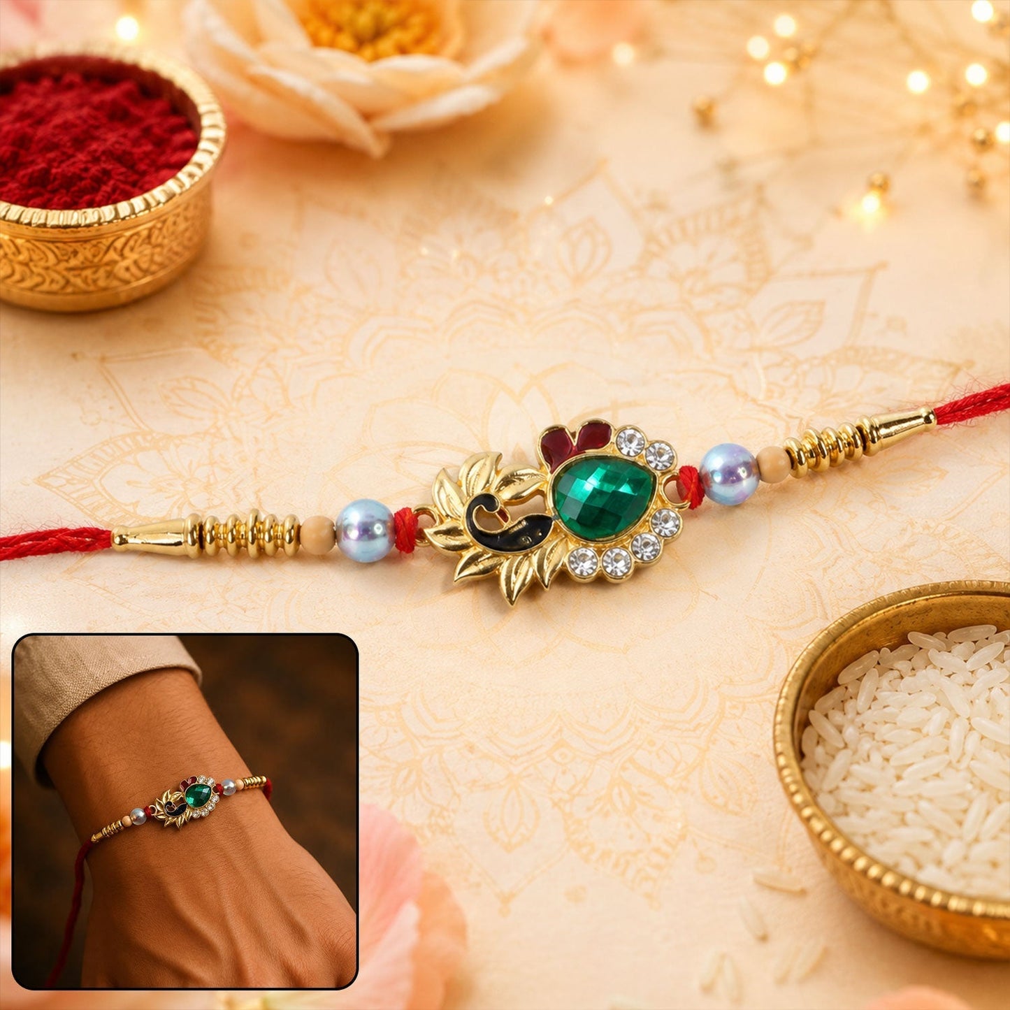 Front view of Peacock Emerald Stone Rakhi with Pearl Beads showcasing intricate design