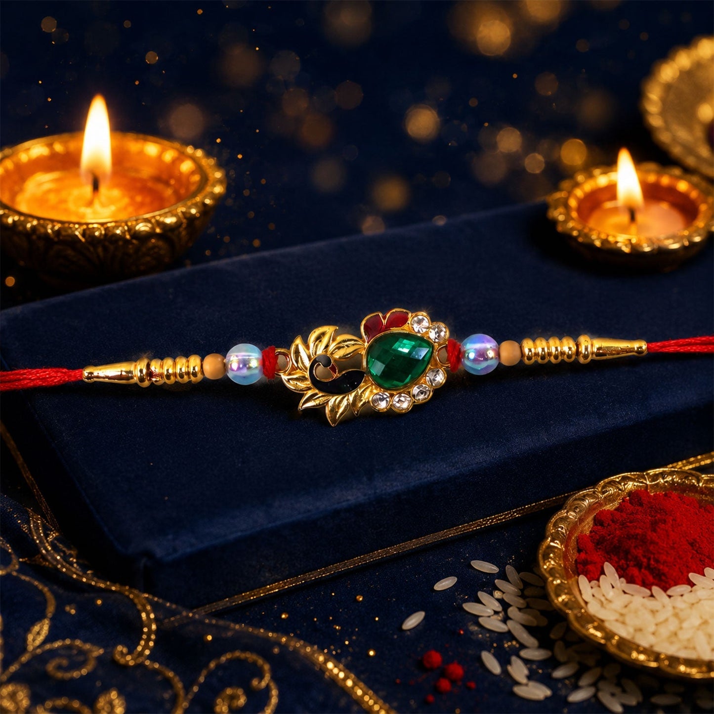 Top view of Peacock Emerald Stone Rakhi with pearl beads detail