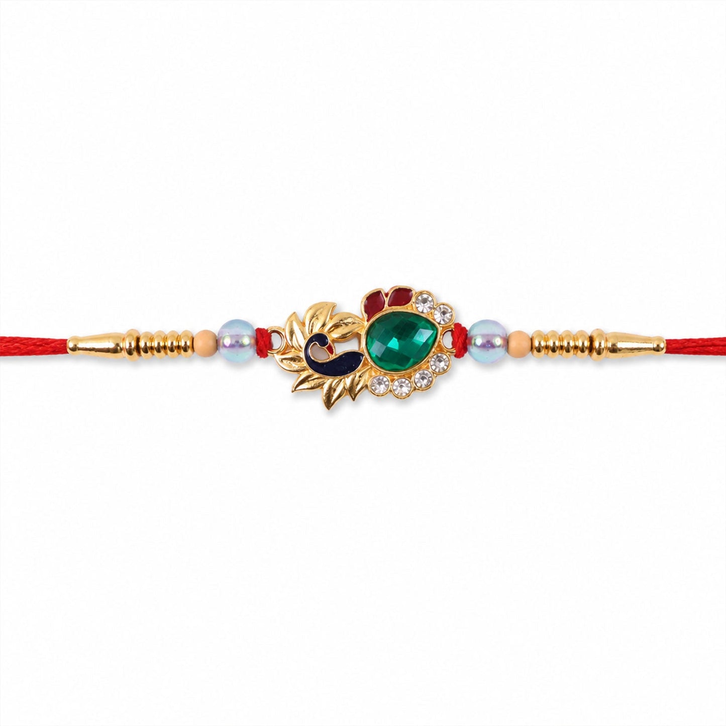 Peacock Emerald Stone Rakhi tied around wrist with beads