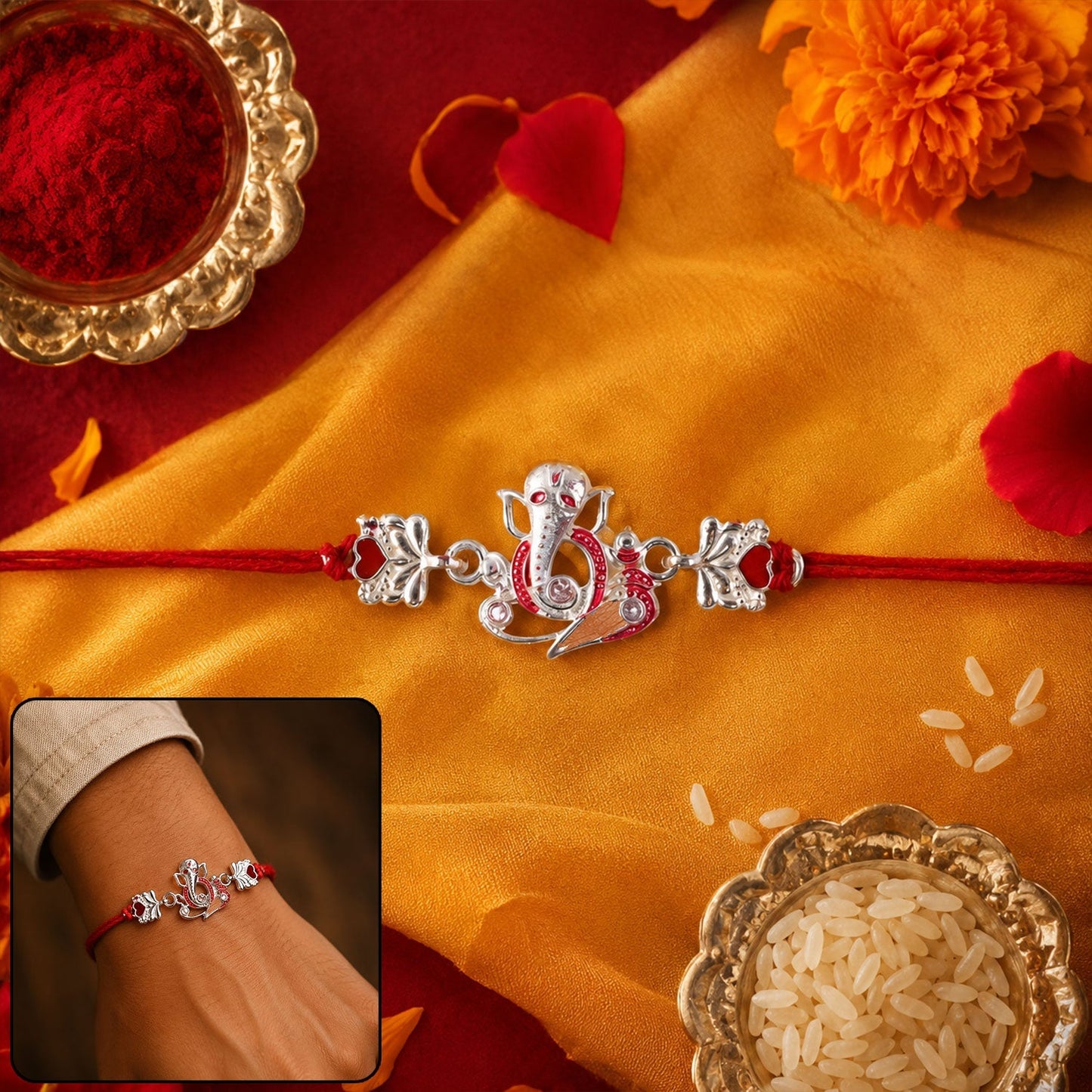 Silver Ganpati Heart Charm Dori Rakhi with traditional design
