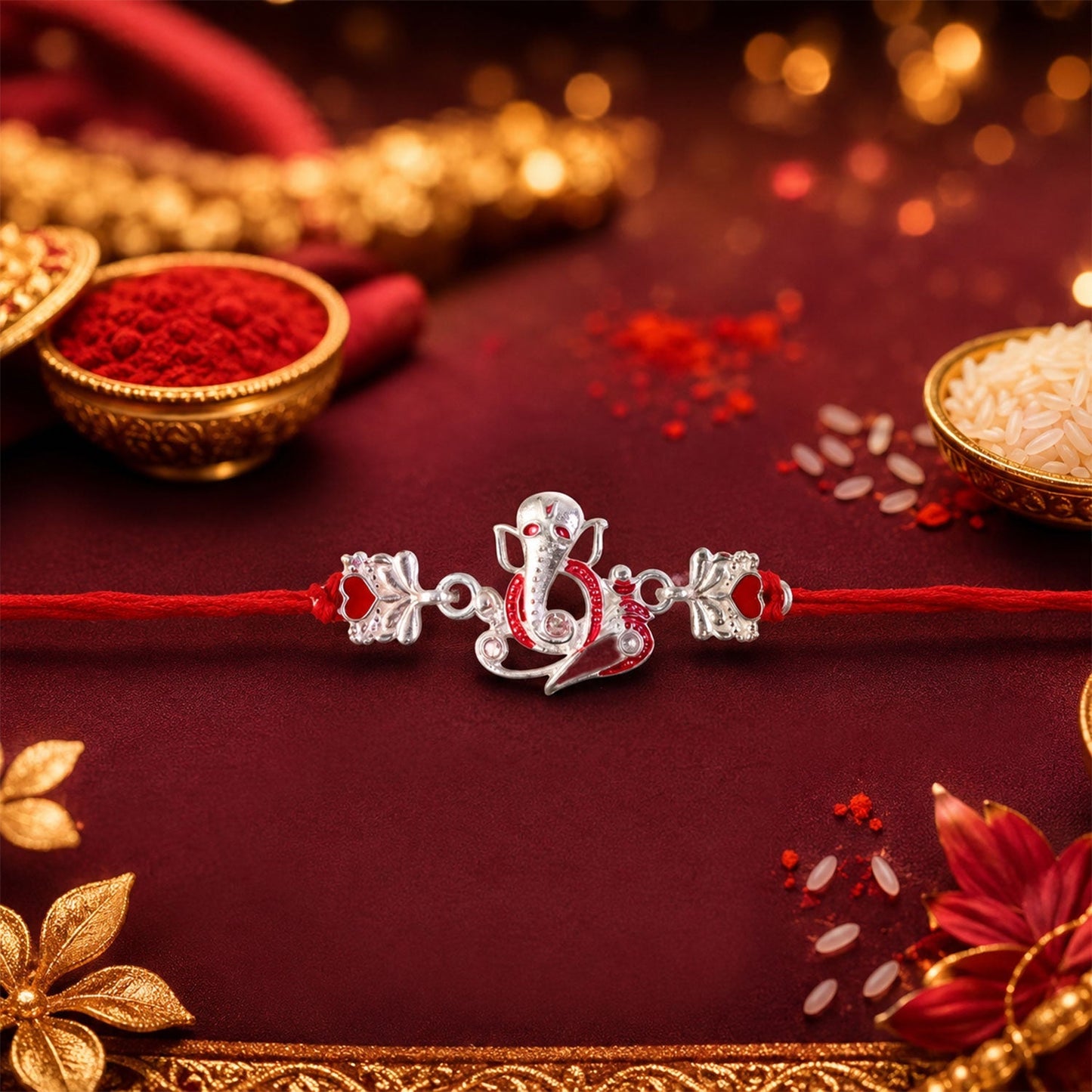 Rakhi tied on wrist with Silver Ganpati Heart Charm