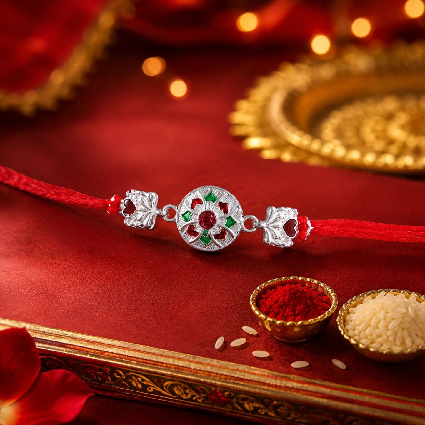 Full layout of Silver Floral Stone Charm Rakhi with Dori