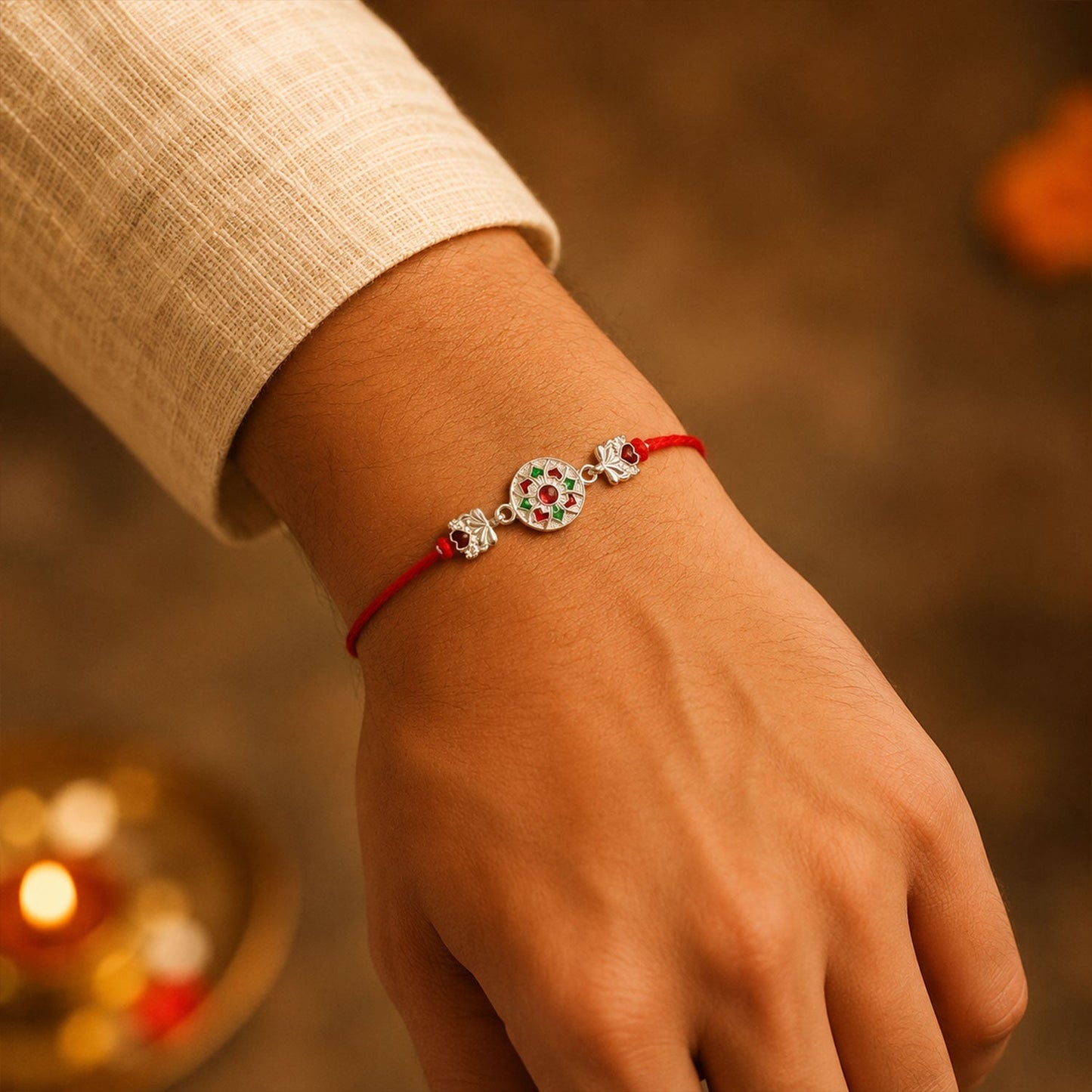 Designer Silver Floral Stone Rakhi with detailed dori design
