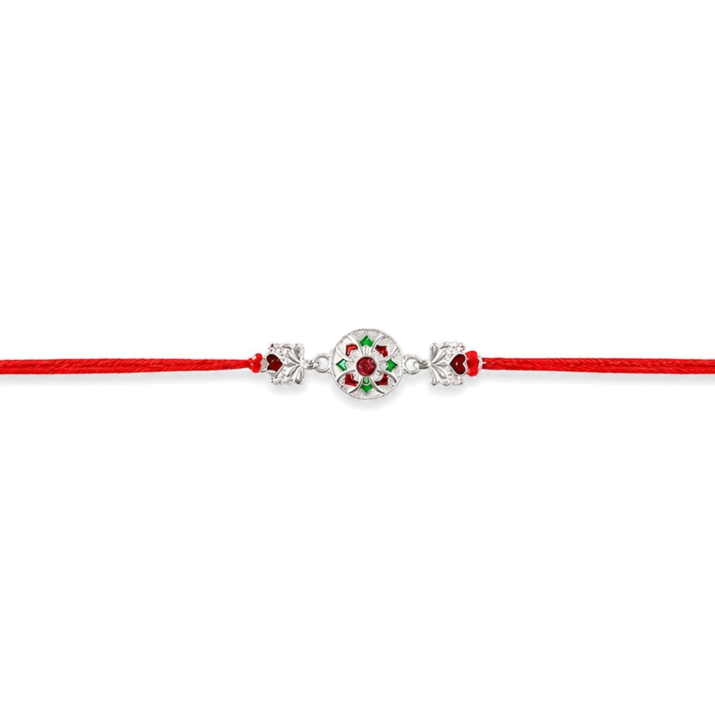 Side view of Silver Floral Stone Charm Rakhi with Dori