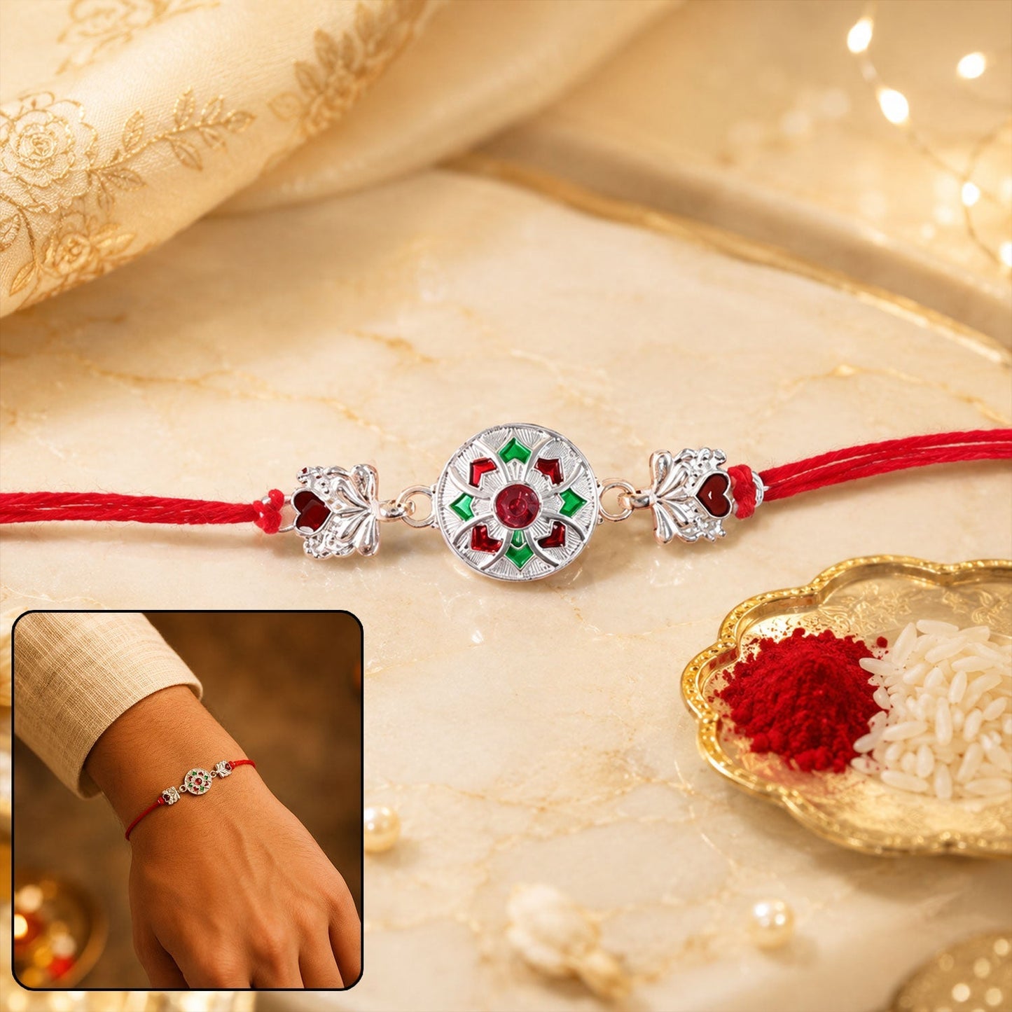 Elegant Silver Floral Stone Dori Rakhi with intricate design for brother